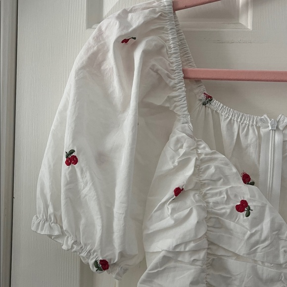 Cider Cherry Embroidery Mini Dress Women's Large Puff Sleeves Twee Cottagecore - Picture 3 of 8